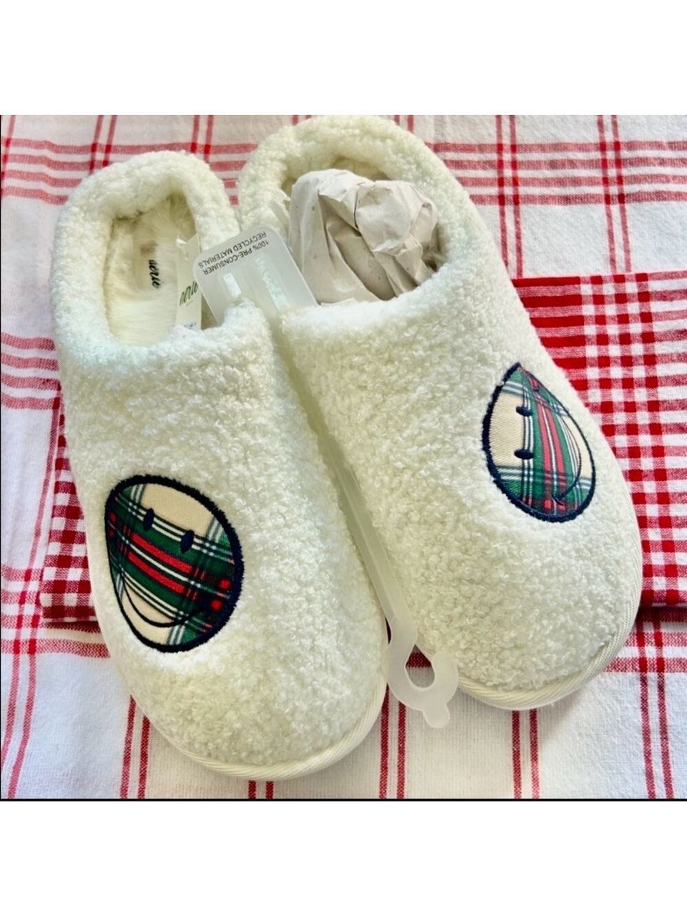 Plaid Smiley Face Patch Cream Teddy Slippers Platform Slip On Size 7 8